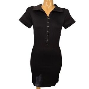 OQQ Black Ribbed Knit Polo Dress Short Sleeve Bodycon Snap Mini Casual Women Lrg